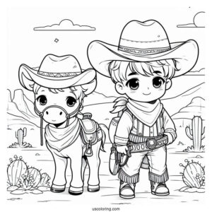 Adorable Little Cowboy Coloring Page In The Desert