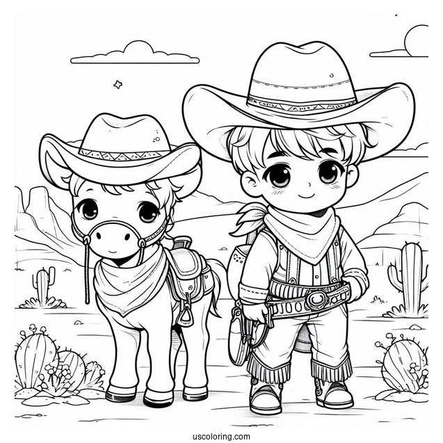 Adorable Little Cowboy Coloring Page In The Desert