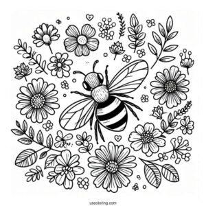 Bee Coloring Page Of Surrounded By Flowers And Leaves