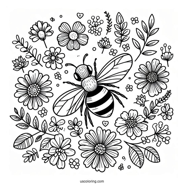 Bee Coloring Page Of Surrounded By Flowers And Leaves