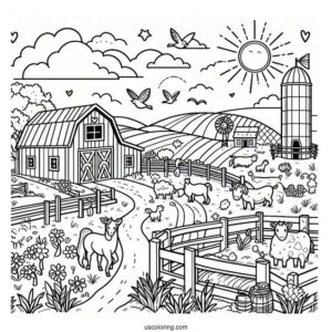 Coloring Page Of a Farm With Fields And Animals