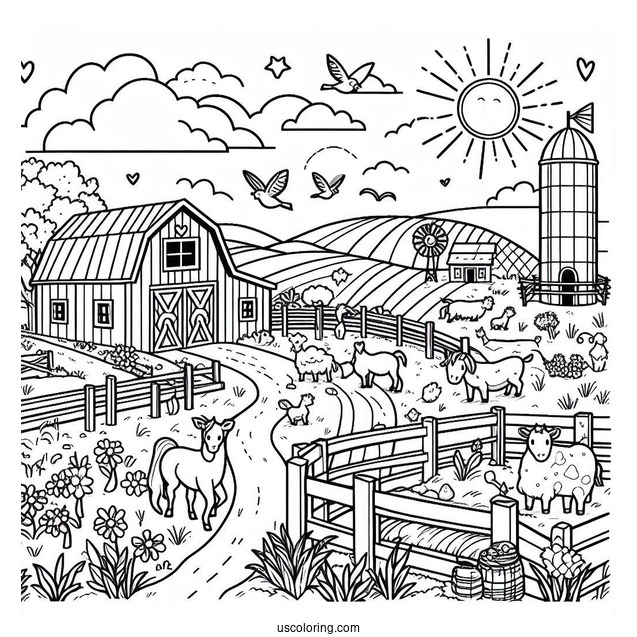Coloring Page Of a Farm With Fields And Animals