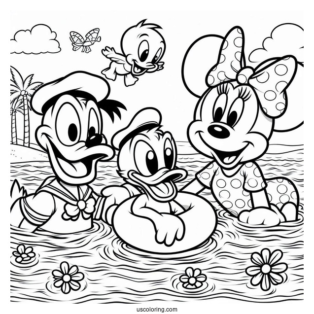 Swimming Coloring Page Of Donald Duck, Daisy Duck, Mickey Mouse, And Minnie Mouse, With Pluto Playing In The Sea