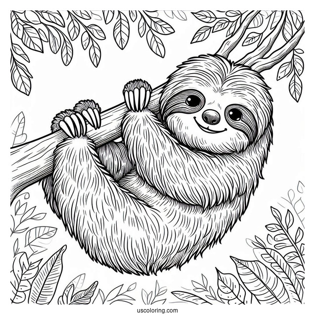 Smiling Sloth Hanging From Tree Branch To Color