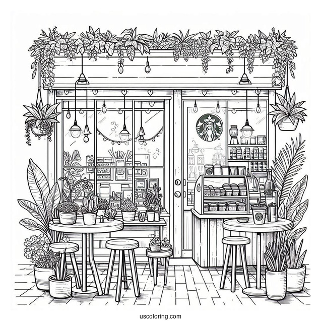 Starbucks Coloring Page Of Cafe With Potted Plants
