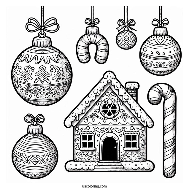 Gingerbread House And Candy Canes Inside Bauble Christmas Ornaments Coloring Page