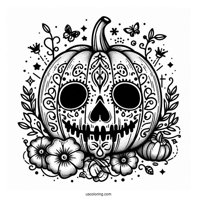 Jack O Lantern Pumpkin Coloring Page With A Skull And Flowers