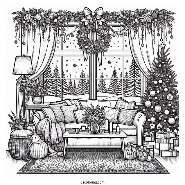 Christmas Coloring Pages For Adults Of Window Looking Into Living Room With Christmas Decors