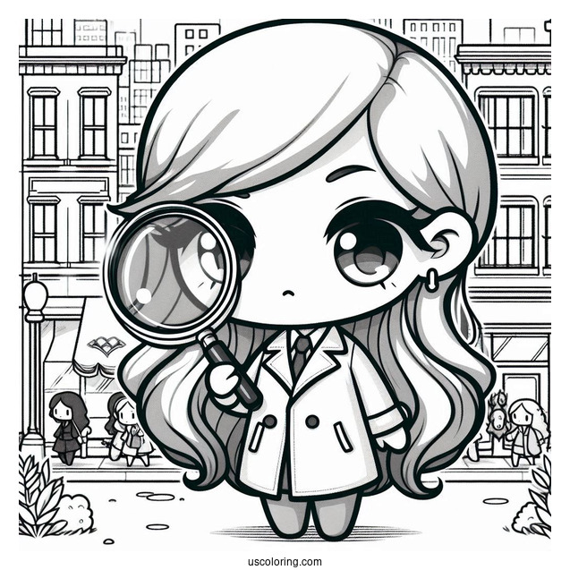 Mysterious Chibi Coloring Page Detective Holding Magnifying Glass in a City Street