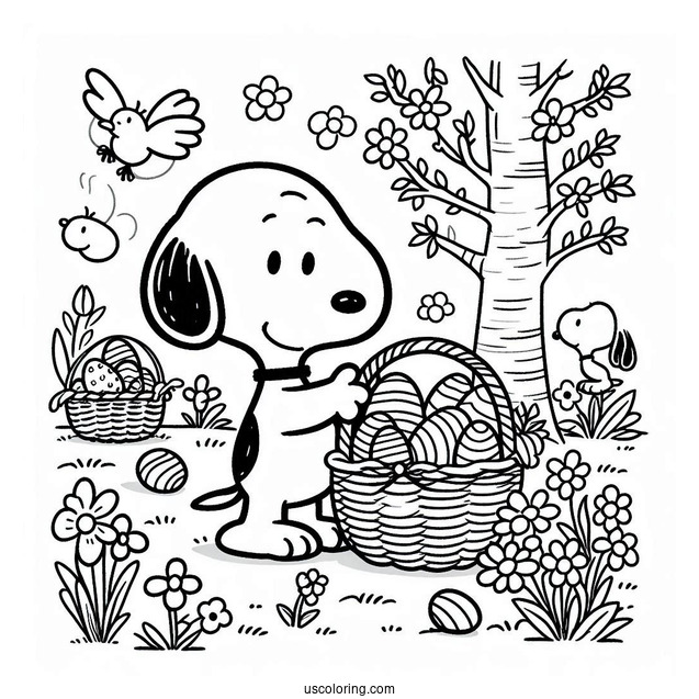 Snoopy Collecting Easter Coloring Page Of Eggs In The Garden