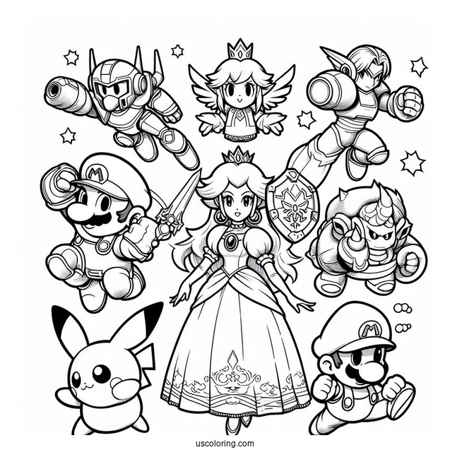 Super Smash Bros Coloring Page Of Princess Peach, Mega Man, Zelda, Samus, Mario, Kirby, Pikachu, And Ness
