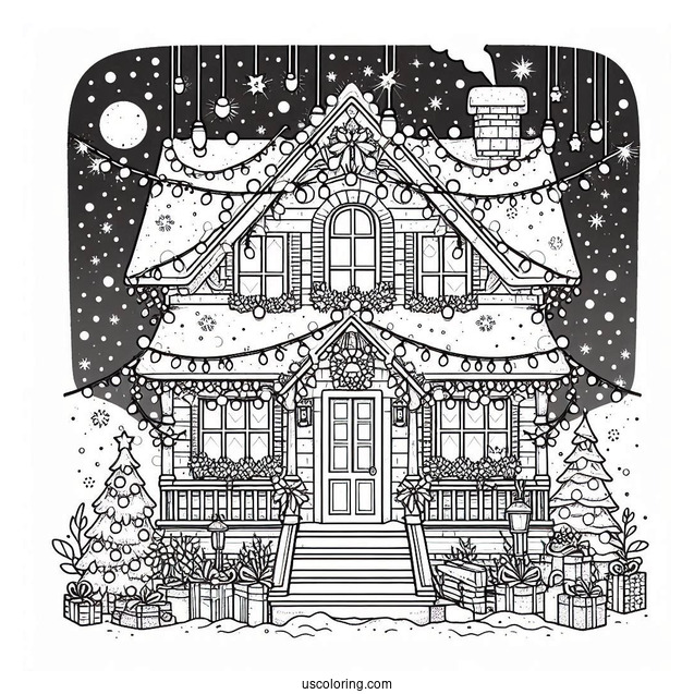 Detailed House Full Of Christmas Lights To Color