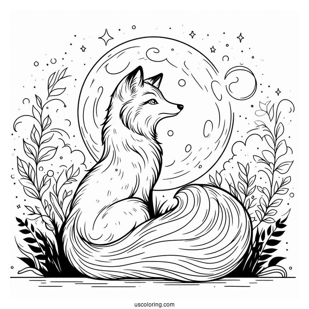 Fox Coloring Page Looking At Full Moon