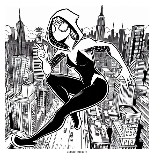Comic Spider-Gwen Coloring Page Running In The City