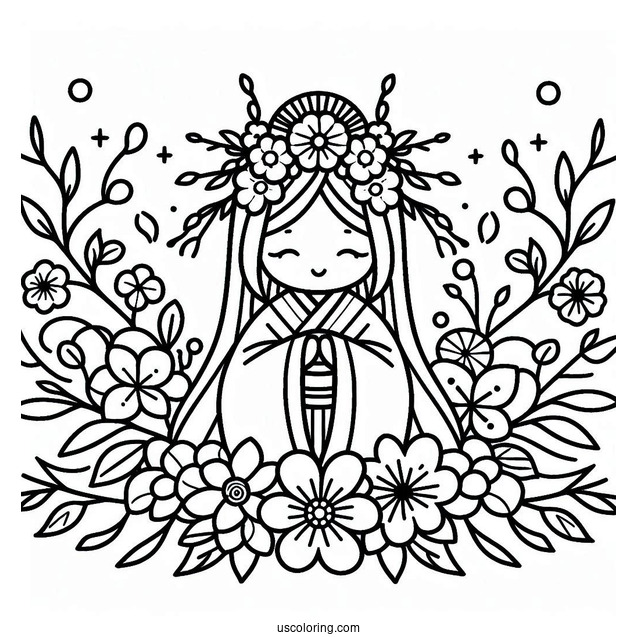 Easy Nezuko Coloring Page With Flowers For Preschoolers
