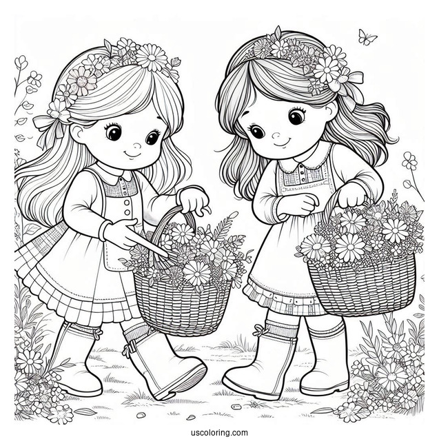 Two Little Girls Harvesting Flowers In Spring Coloring Page For Kids