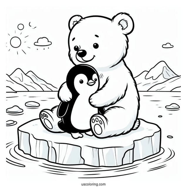 Young Bear And Penguin Floating On An Ice In The North Pole Coloring Page