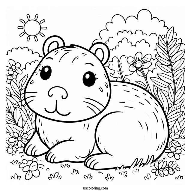 Kawaii Capybara Coloring Page Resting In Garden For Kids