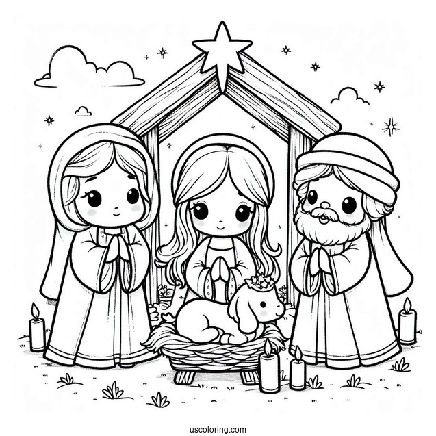 Nativity Coloring Page Of Easy Chibi Nativity For Kids