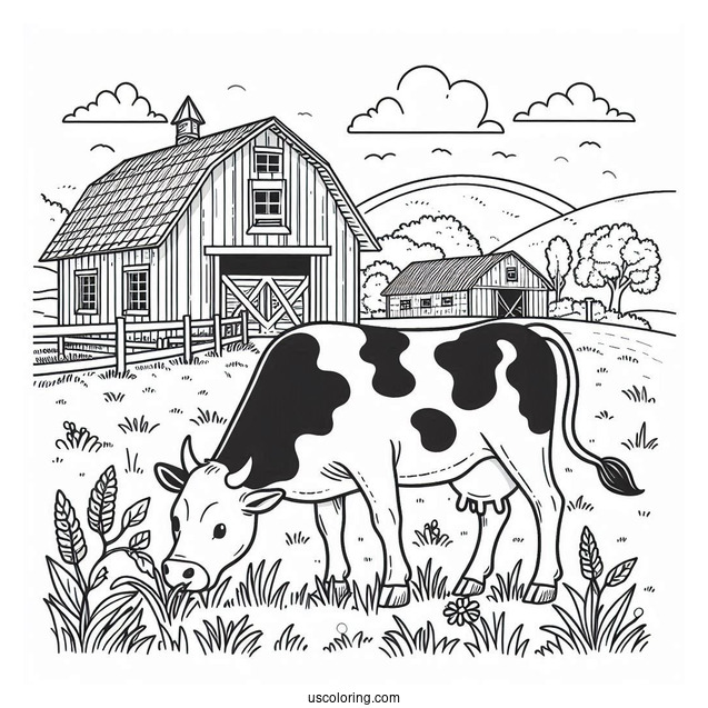 Cow Grazing In Front Of Farm Barn