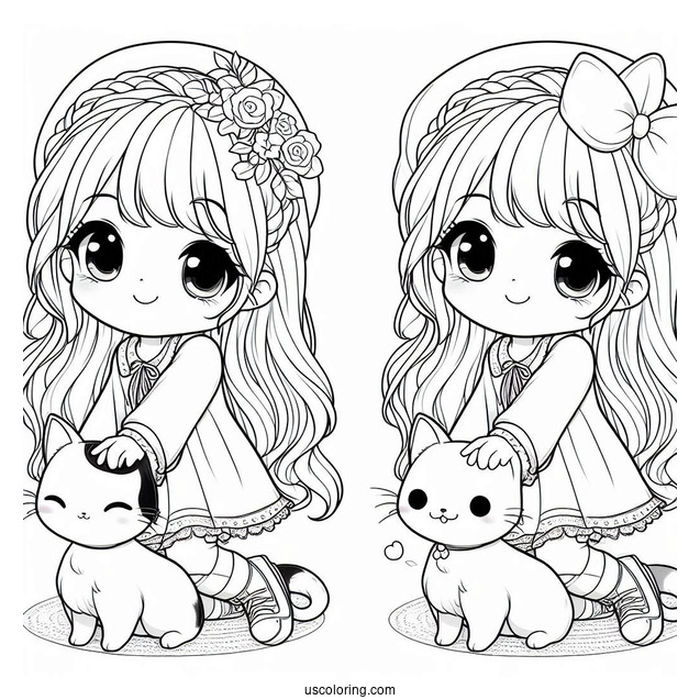 Cute Coloring Page Of Pretty Girl Playing With A Cat