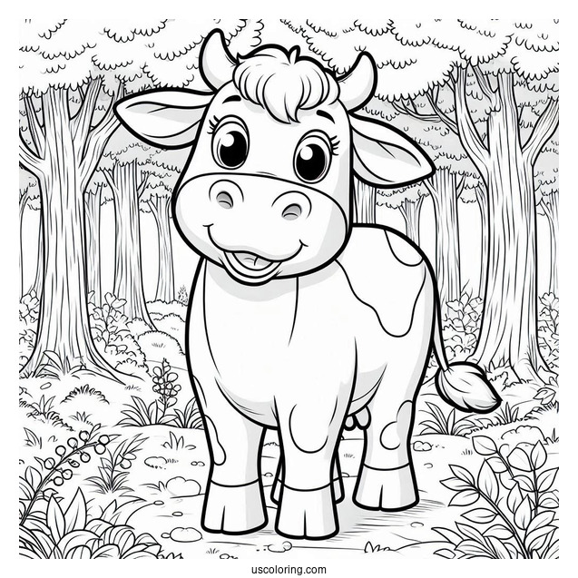 Happy Cow Standing In Forrest Coloring Sheet