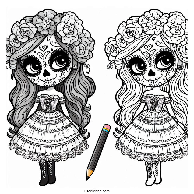 Girl In Sugar Skull Coloring Page Costume For Kids