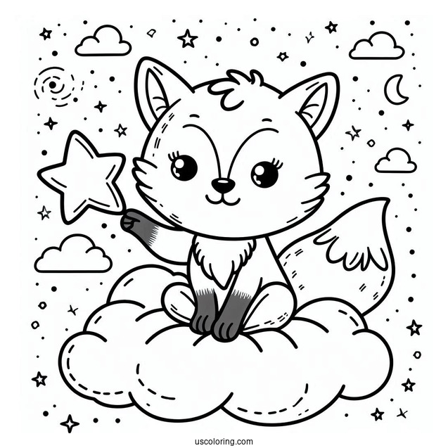 Lovely Fox Coloring Page Holding A Star On A Cloud For Preschoolers