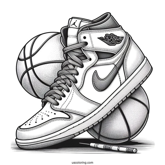 Nike Coloring Page Of Realistic Air Jordan With Basketball In Background