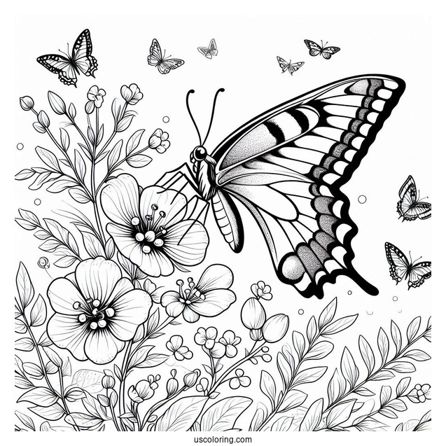 Swallowtail Butterfly Coloring Page Perched On Flowers And Leaves