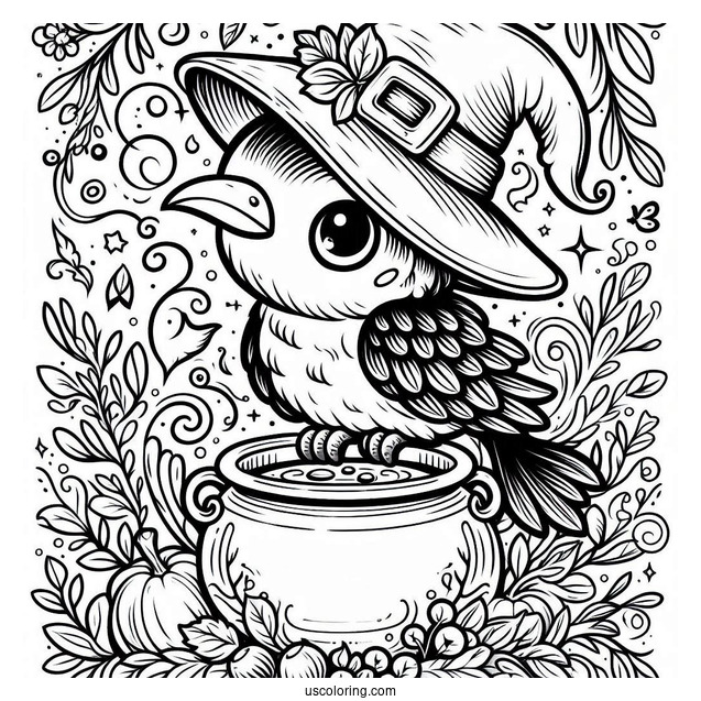 Cute Little Raven Coloring Page In A Witch s Hat With A Magical Cauldron