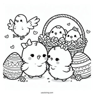 Easter Coloring Page Of Kawaii Chicks Standing Next To Easter Egg Basket For Kids