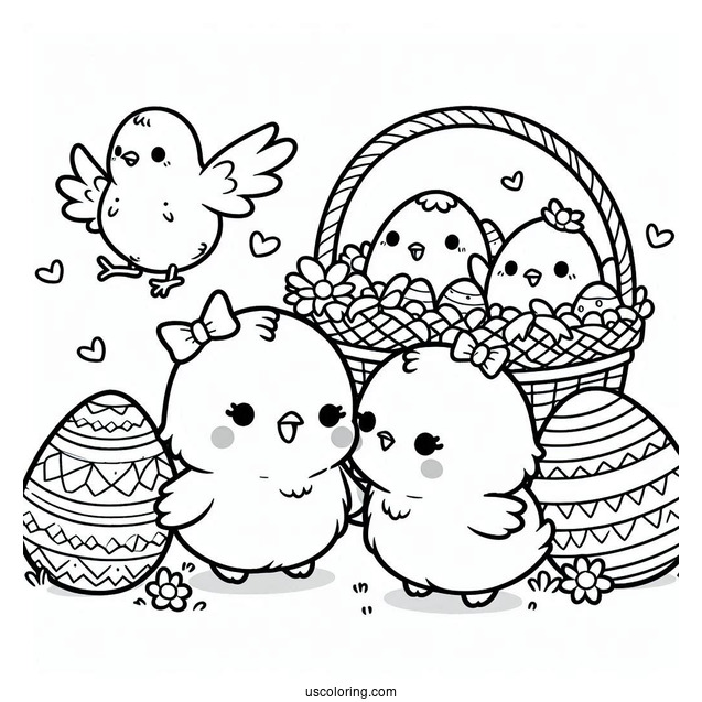 Easter Coloring Page Of Kawaii Chicks Standing Next To Easter Egg Basket For Kids