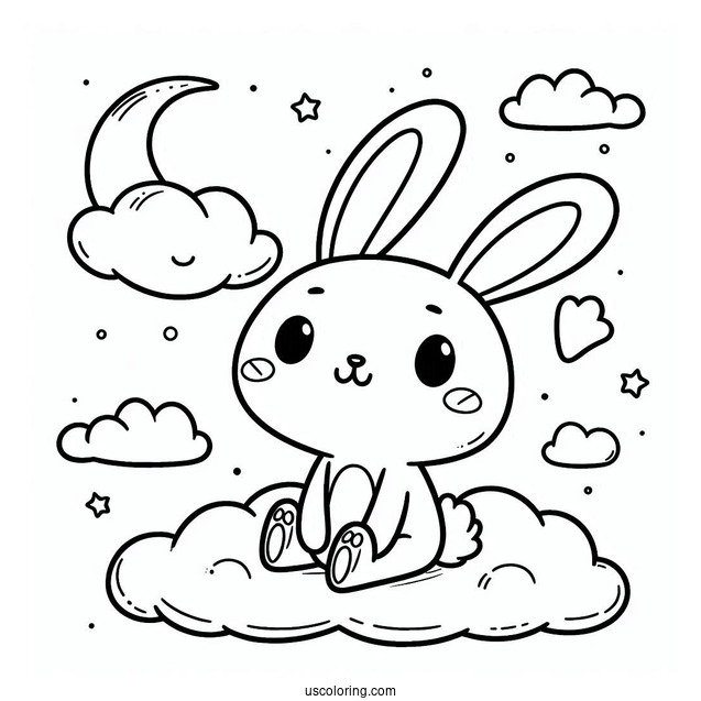 Kawaii Rabbit Coloring Page Sitting On The Clouds