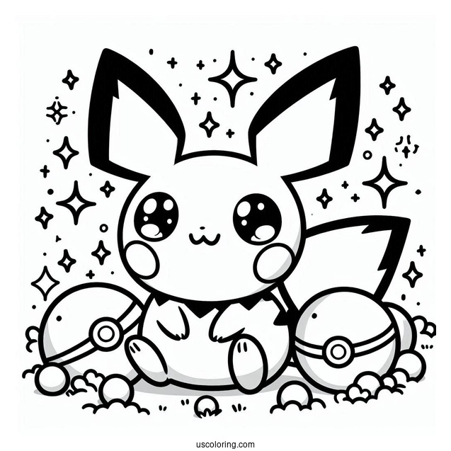 Kawaii Pichu Coloring Page With Pokeballs In The Background