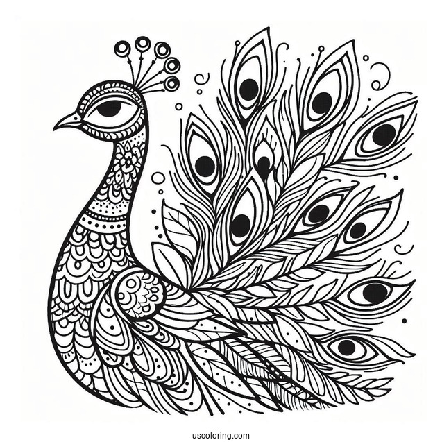 Side Profile Of Peacock Coloring Page With Fanned Feathers