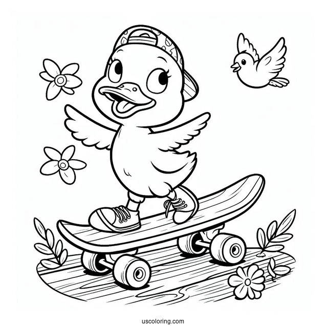 Duck Skateboarding Down the Street Coloring Page For Kids