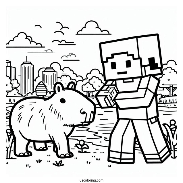 Minecraft Steve With A Capybara Coloring Page For Kids