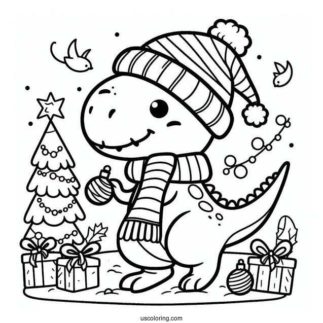 Cute Christmas Themed T-Rex Coloring Page