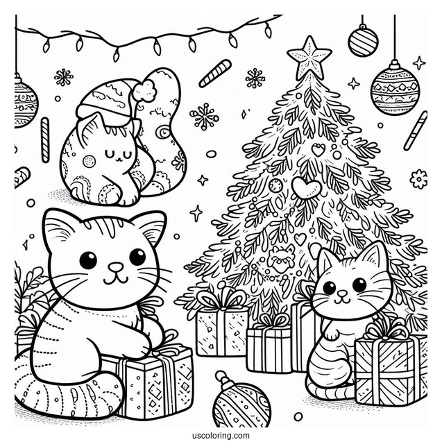 Cats Playing With Christmas Tree Coloring Sheet