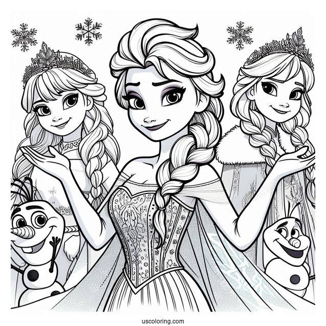 Elsa With Friends From Frozen Coloring Page