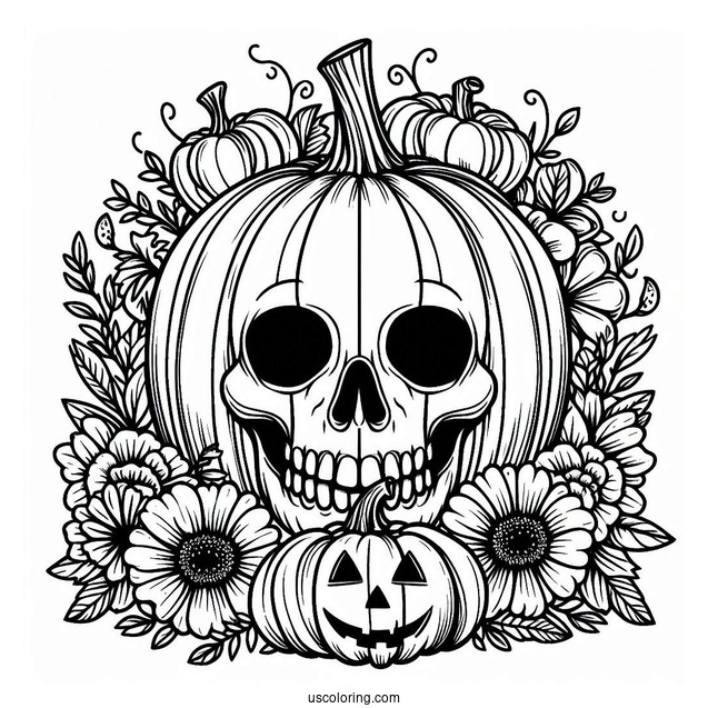 Jack O Lantern Pumpkin Coloring Page With A Skull And Flowers