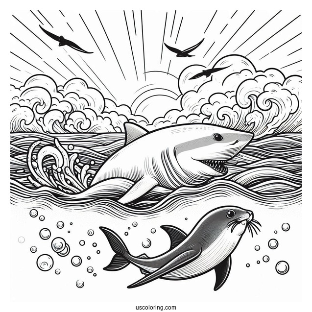 Shark Coloring Page Chasing Seal In The Ocean