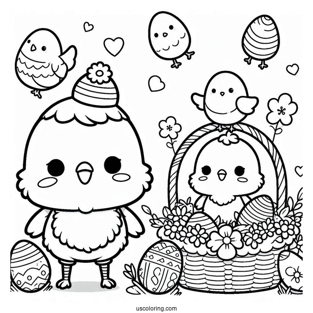 Easter Coloring Page Of Kawaii Chicks Standing Next To Easter Egg Basket For Kids