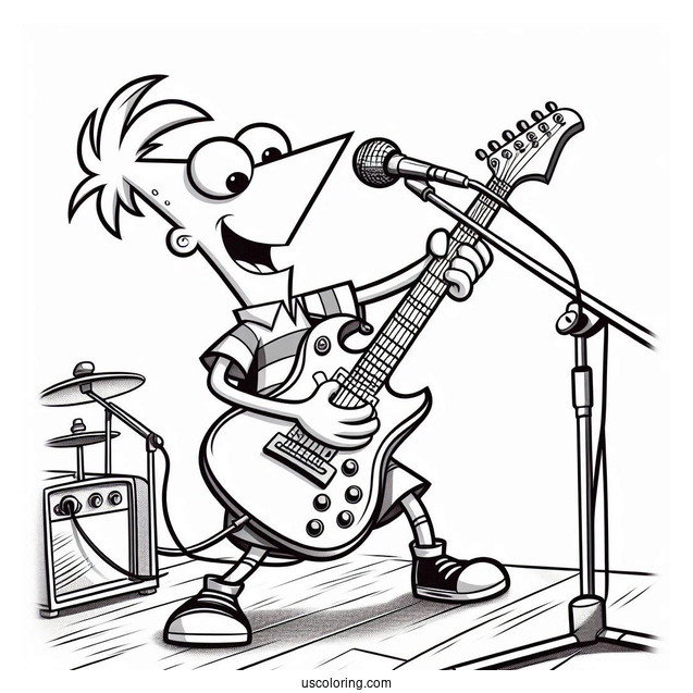 Phineas And Ferb Coloring Page On Stage Playing Electric Guitar