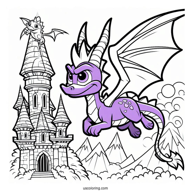 Mighty Sypro Coloring Page Flying In Front Of Castle