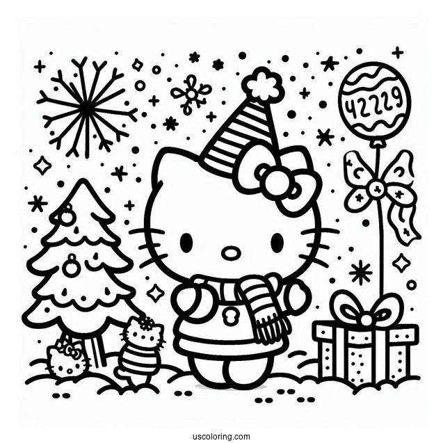 Kawaii Hello Kitty With Party Hat On New Year Coloring Page