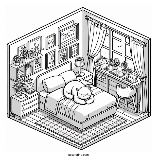 Modern Isometric Bedroom Coloring Page With A Large Cat