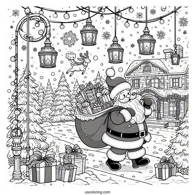Santa Carrying Christmas Presents And Lanterns In The North Pole Coloring Page