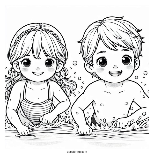 Realistic Little Boy And Girl Swimming Coloring Page